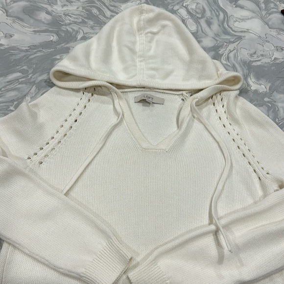 Loft Pointelle Hoodie Sweater in Whisper White Size Medium - Picture 4 of 9